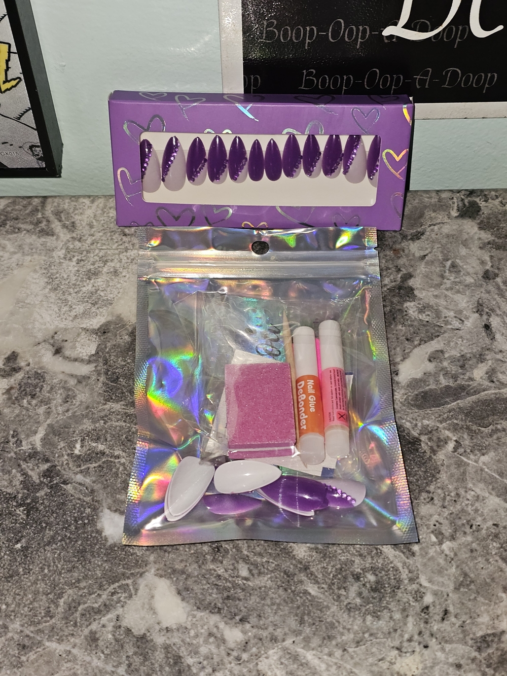 3/$40 Boop Nails Custom Purple Almond Press On Nails Bling Amethyst Rhinestone - Picture 3 of 5